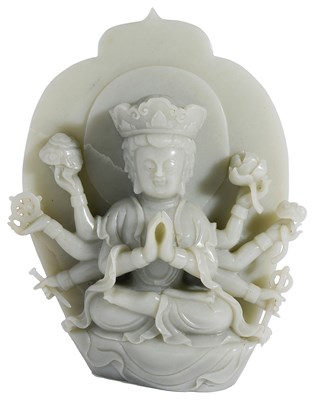 Lot 51 - A CHINESE CELADON JADE FIGURE OF GUANYIN