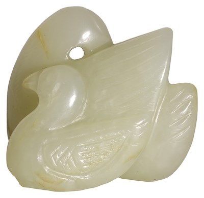 Lot 52 - A CHINESE CELADON JADE GOOSE AND GOSLING