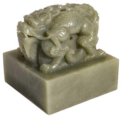 Lot 53 - A CHINESE CELADON JADE 'DRAGON' SEAL