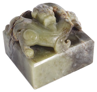 Lot 54 - A CHINESE GREEN JADE 'CHILONG' SEAL