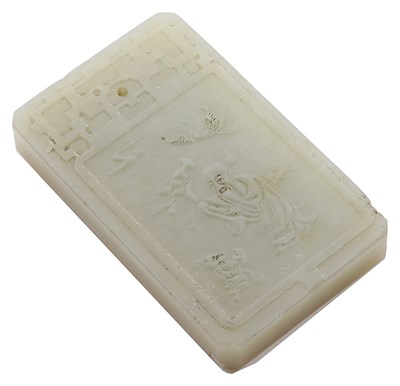 Lot 64 - A CHINESE CELADON JADE 'SHOULAO' PLAQUE