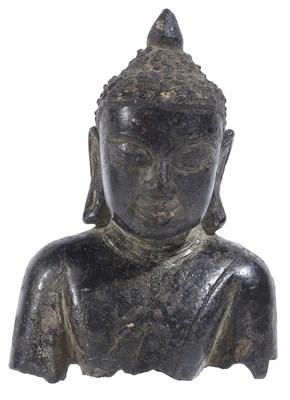 Lot 88 - A SMALL BRONZE BUST OF BUDDHA