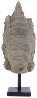 Lot 89 - A KHMER GREY SANDSTONE CROWNED HEAD OF BUDDHA