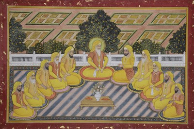 Lot 226 - A LARGE PAINTING DEPICTING SIKH MEN GATHERING FOR BASANT PANCHMI