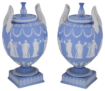 Lot 304 - A PAIR OF WEDGWOOD BLUE JASPER VASES AND COVERS
