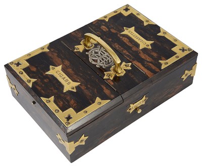 Lot 322 - A VICTORIAN BRASS-MOUNTED COROMANDEL WOOD SMOKER'S COMPENDIUM