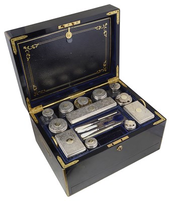 Lot 323 - ËœA VICTORIAN SILVER FITTED BRASS-BOUND EBONY DRESSING CASE