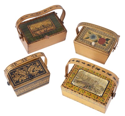 Lot 324 - A COLLECTION OF FOUR TUNBRIDGE OR BRIGHTON WARE MINIATURE SEWING BOXES