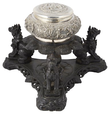 Lot 338 - A BURMESE SILVER BOWL AND COVER ON WOOD STAND