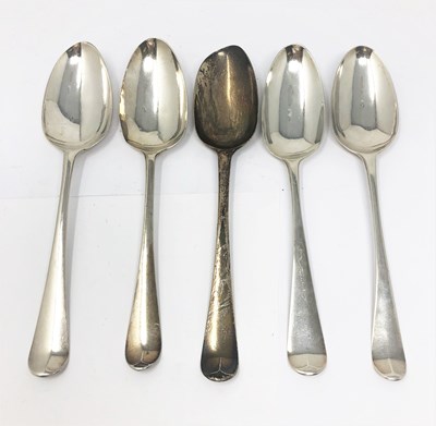 Lot 387 - FIVE GEORGE III HANOVERIAN PATTERN TABLESPOONS