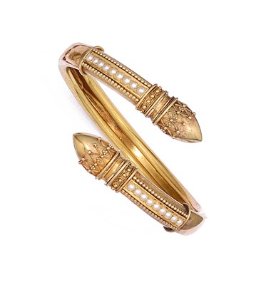 Lot 586 - ARCHEOLOGICAL REVIVAL GOLD AND SEED PEARL BANGLE