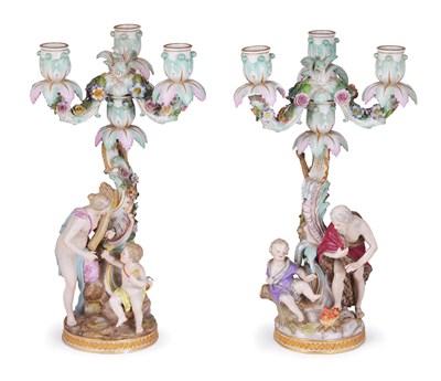 Lot 12 - A PAIR OF MEISSEN THREE-LIGHT CANDELABRA