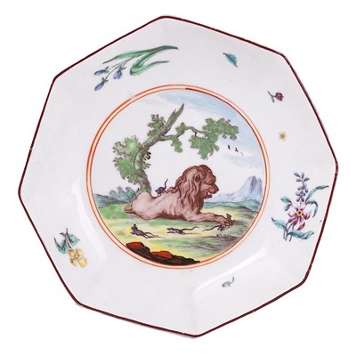Lot 18 - A CHELSEA FABLE SUBJECT OCTAGONAL SAUCER