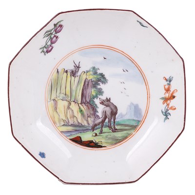 Lot 19 - A CHELSEA FABLE SUBJECT OCTAGONAL SAUCER