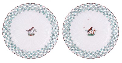 Lot 31 - A PAIR OF CHELSEA SMALL BASKET MOULDED PIERCED PLATES OR STANDS