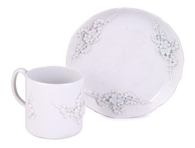 Lot 49 - A BOW WHITE CYLINDRICAL MUG AND A SAUCER