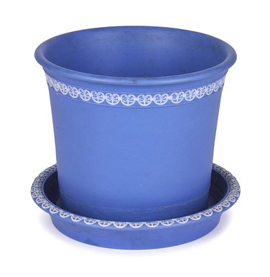 Lot 88 - A BLUE JASPER WARE CACHEPOT AND STAND IN WEDGWOOD STYLE