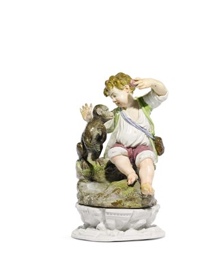 Lot 104 - â€¡A NAPLES (REAL FABBRICA FERDINANDEA) POLYCHROME GROUP OF A BOY AND MONKEY