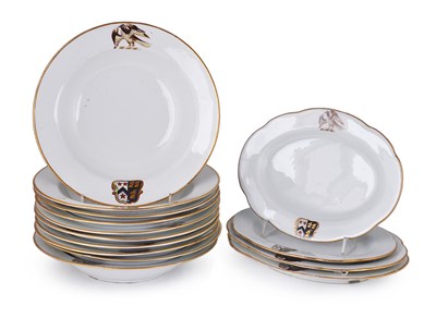 Lot 128 - TEN ENGLISH PORCELAIN ARMORIAL DISHES AND FOUR SMALL SHAPED OVAL DISHES