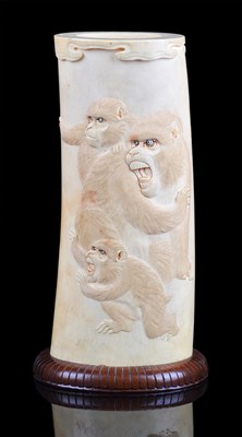 Lot 139 - A JAPANESE IVORY TUSK VASE, MEIJI PERIOD