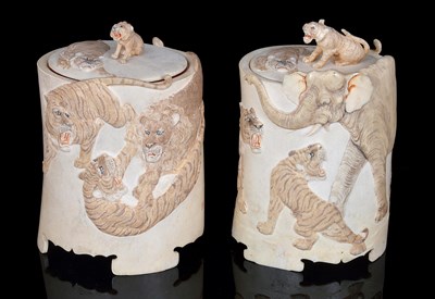 Lot 140 - A PAIR OF JAPANESE IVORY TUSK BOXES AND COVERS