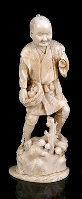 Lot 141 - A JAPANESE IVORY OKIMONO OF A FARMER