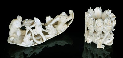 Lot 168 - A JAPANESE IVORY OKIMONO GROUP OF MONKEYS AND TOADS