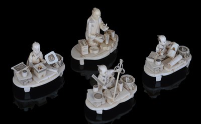 Lot 178 - A GROUP OF FOUR JAPANESE SMALL SECTIONAL IVORY OKIMONO OF ARTISANS