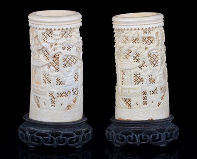 Lot 206 - A PAIR OF CHINESE IVORY BRUSH POTS