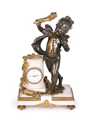 Lot 229 - A FRENCH PARCEL-GILT-BRONZE AND WHITE MARBLE MANTEL TIMEPIECE WITH FIGURE AFTER AUGUSTE MOREAU (1834