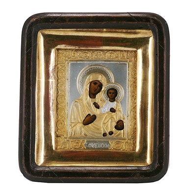 Lot 233 - A SMALL RUSSIAN PARCEL-GILT-SILVER ICON OF THE SMOLENSK MOTHER OF GOD