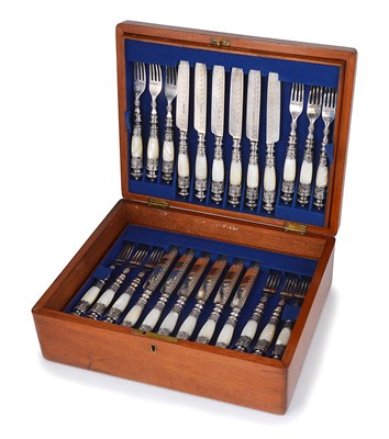 Lot 247 - A SET OF EIGHTEEN VICTORIAN SILVER AND MOTHER-OF-PEARL FRUIT KNIVES AND EIGHTEEN FORKS
