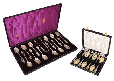 Lot 248 - A SET OF TWELVE VICTORIAN SILVER TEASPOONS AND A PAIR OF SUGAR TONGS