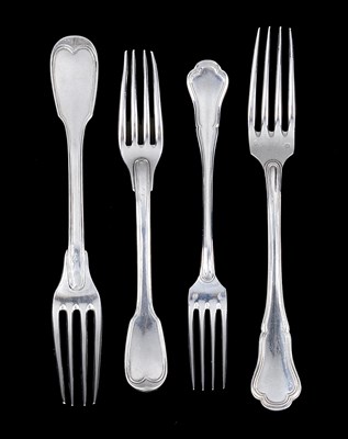Lot 259 - A SET OF FOUR FRENCH SILVER TABLE FORKS AND TEN DESSERT FORKS