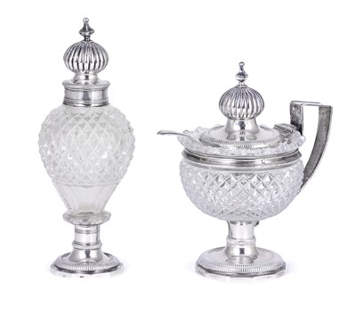 Lot 279 - A DUTCH SILVER-MOUNTED MUSTARD POT AND CASTER SET