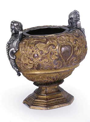 Lot 285 - AN ITALIAN COPPER-GILT AND SILVER ALTAR VASE
