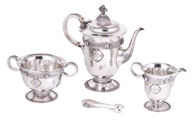 Lot 331 - AN EDWARDIAN SILVER THREE-PIECE COFFEE SET AND A PAIR OF SUGAR TONGS