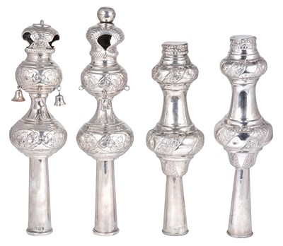 Lot 335 - A PAIR OF GEORGE V SILVER TORAH FINIALS (RIMMONIM)