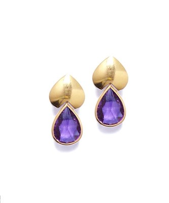 Lot 469 - PAIR OF EIGHTEEN CARAT GOLD AND AMETHYST EAR PENDANTS