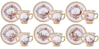 Lot 13 - â€¡A SET OF SIX MEISSEN PORCELAIN TWO-HANDLED CUPS AND SIX SAUCERS