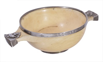 Lot 281 - A SCOTTISH SILVER-MOUNTED IVORY QUAICH