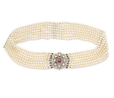 Lot 287 - RUBY, DIAMOND AND CULTURED PEARL CHOKER