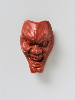 Lot 93 - A JAPANESE MASK NETSUKE OF SHISHIGUCHI