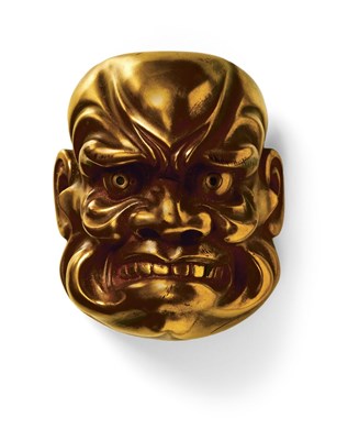 Lot 116 - A JAPANESE MASK NETSUKE OF A LARGE BUAKU