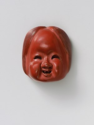 Lot 144 - A JAPANESE MASK NETSUKE OF OKAME