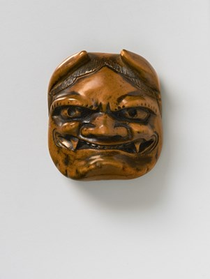 Lot 164 - A JAPANESE MASK NETSUKE OF ONI WITH OKAME BEHIND