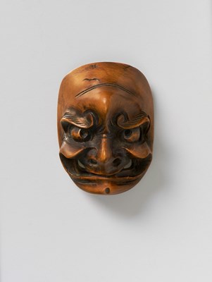 Lot 201 - TWO JAPANESE NETSUKE MASKS OF A FROWNING MAN