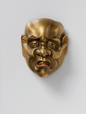 Lot 206 - A JAPANESE MASK NETSUKE OF A MOROSE MAN