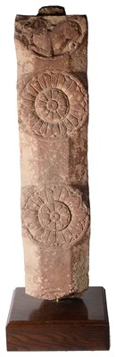 Lot 297 - A KUSHAN MOTTLED PINK SANDSTONE FRAGMENTARY RAILING COLUMN