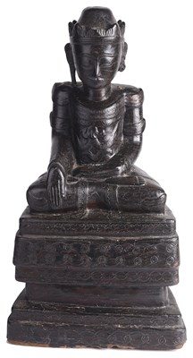 Lot 304 - A BLACK-LACQUERED WOOD FIGURE OF BUDDHA